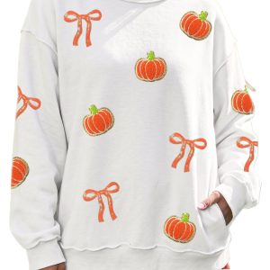 Women's Pumpkin Graphic Sweatshirt, Chenille Bow Autumn Top - Main View