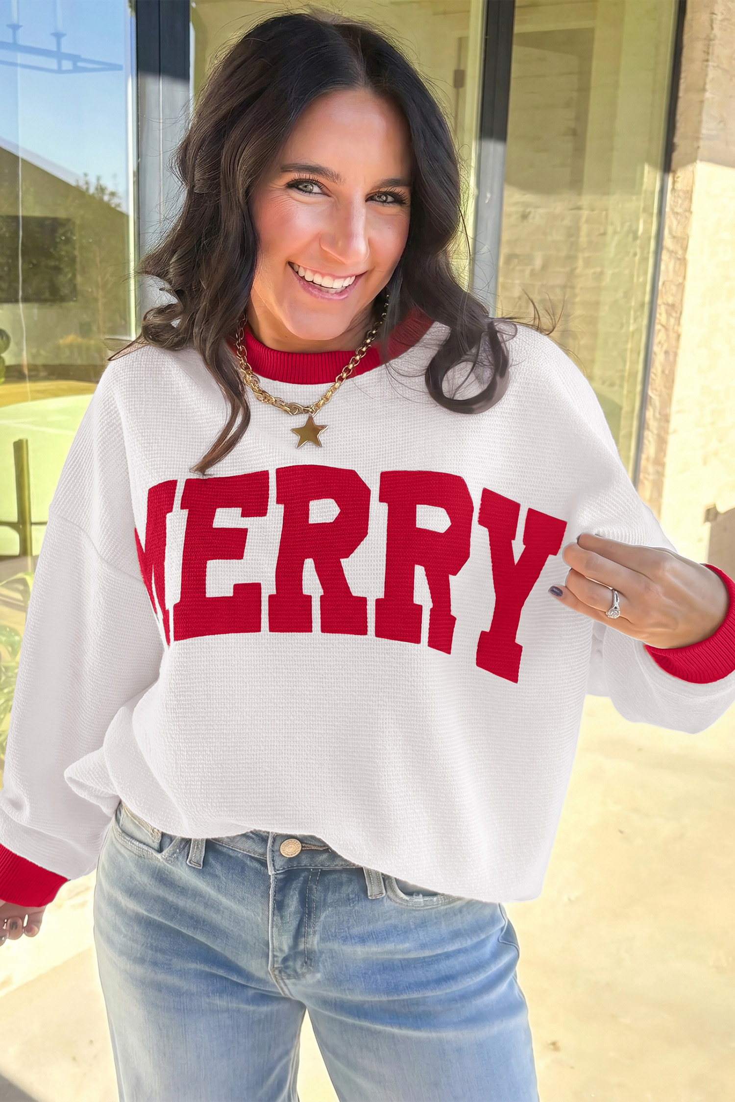 Seasonal Waffle Knit Sweater, Women Festive Merry Print Top - Detail View 6 Seasonal Waffle Knit Sweater, Women Festive Merry Print Top - Detail View 6