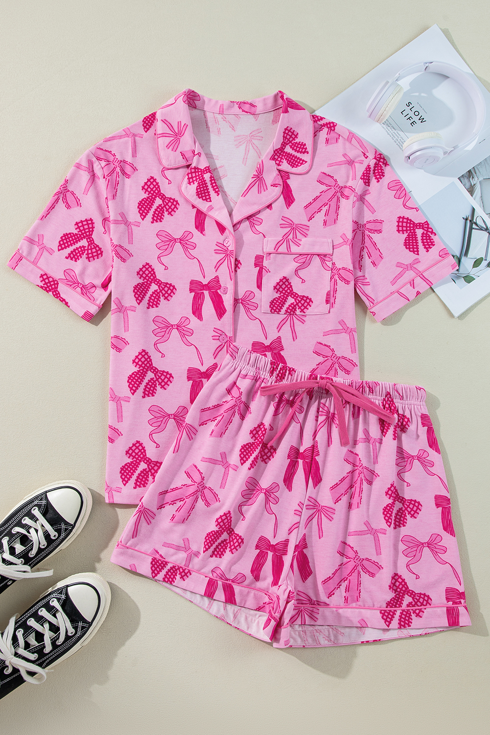 Charming Pajama Set for Women - Cute Bow Print with Half Sleeves and Shorts - Detail View 10 Charming Pajama Set for Women - Cute Bow Print with Half Sleeves and Shorts - Detail View 10