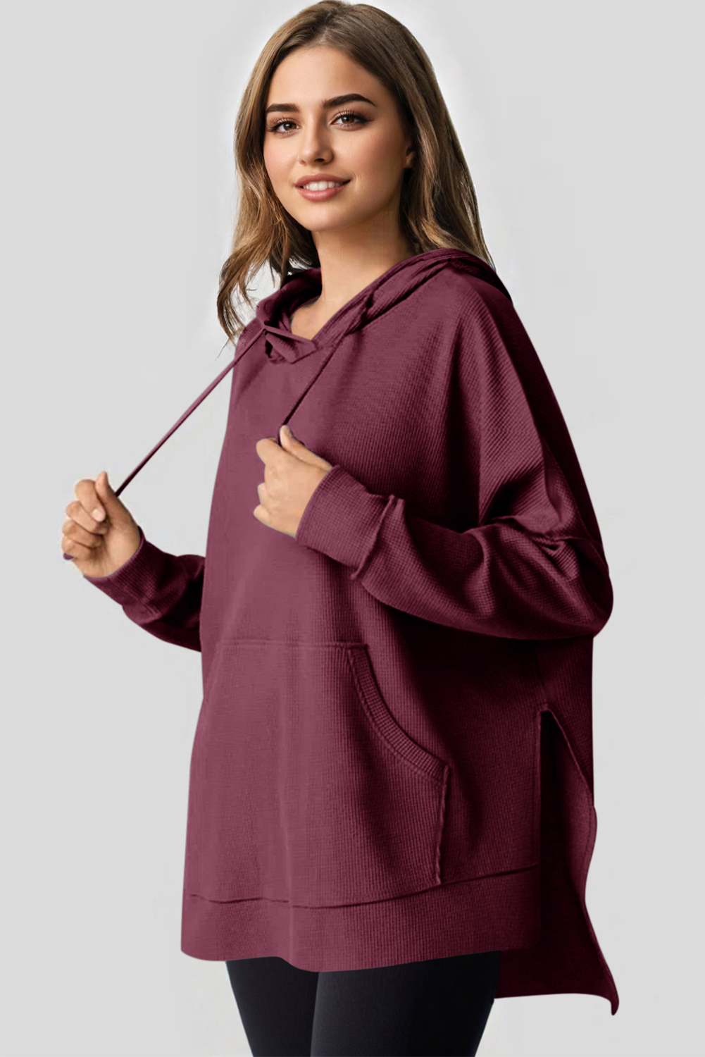 Stylish High Low Design - Women's Casual Red Dahlia Hoodie - Detail View 2 Stylish High Low Design - Women's Casual Red Dahlia Hoodie - Detail View 2