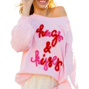 Women's Pink Hugs and Kisses Embroidered Raglan Sleeve Sweatshirt - Main View