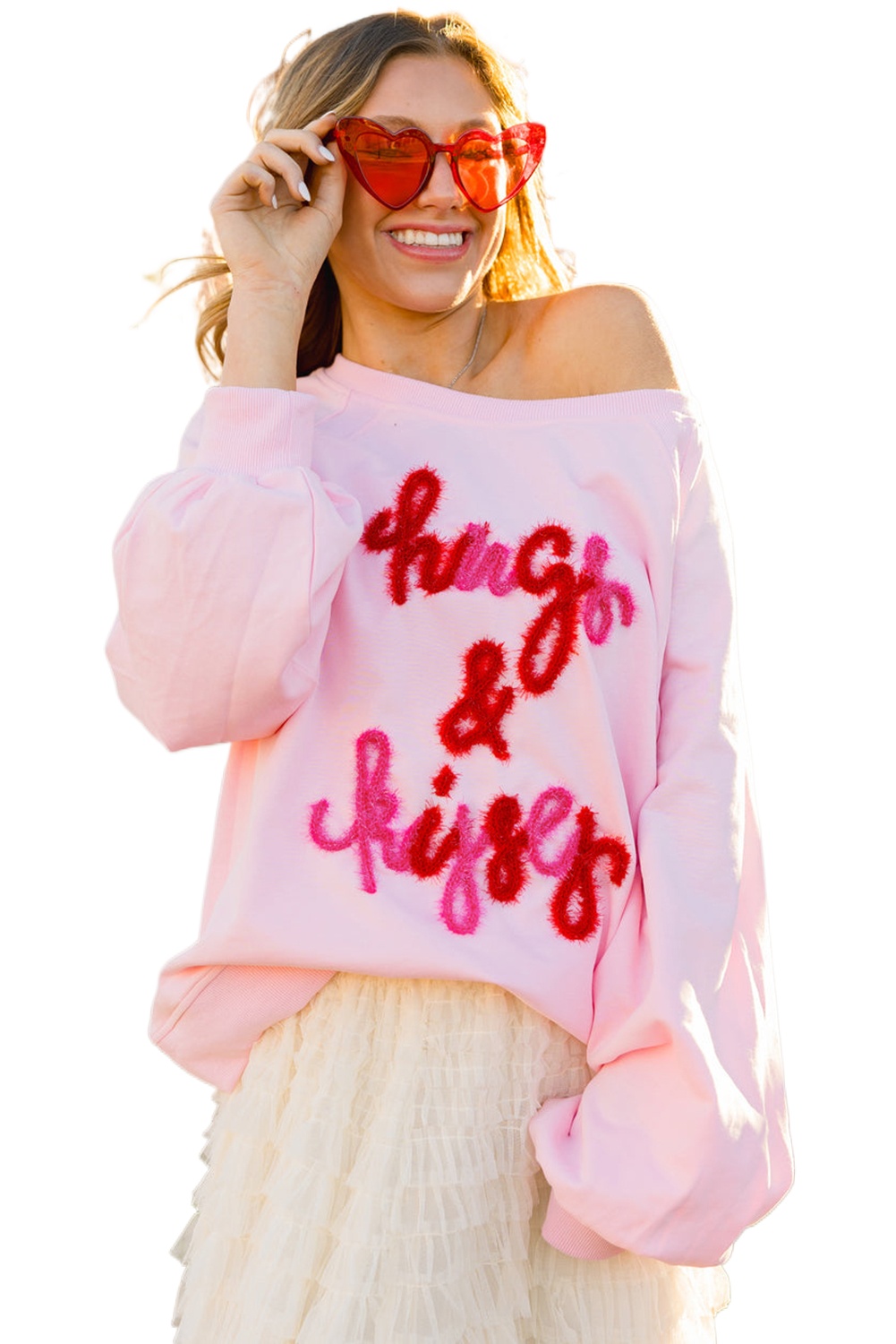 Women's Pink Hugs and Kisses Embroidered Raglan Sleeve Sweatshirt - Main View Women's Pink Hugs and Kisses Embroidered Raglan Sleeve Sweatshirt - Main View