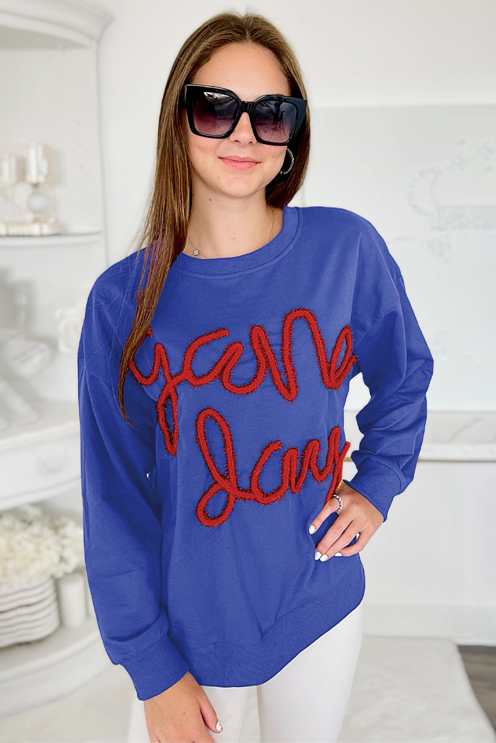 Women's Sweatshirt, Dark Blue, Drop Shoulder, Graphic, Game Day, Casual, Comfortable, Versatile, Relaxed Fit, Long Sleeve, Tinsel Print, Round Neck, Fall and Autumn Wear, Tops, Sweatshirts & Hoodies - Detail View 4 Women's Sweatshirt, Dark Blue, Drop Shoulder, Graphic, Game Day, Casual, Comfortable, Versatile, Relaxed Fit, Long Sleeve, Tinsel Print, Round Neck, Fall and Autumn Wear, Tops, Sweatshirts & Hoodies - Detail View 4