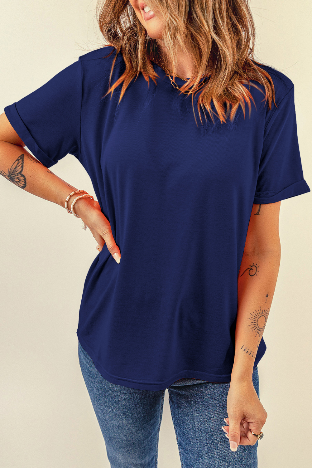 Women's Blue Crew Neck Tee, Casual Short Sleeve Summer Top - Detail View 4 Women's Blue Crew Neck Tee, Casual Short Sleeve Summer Top - Detail View 4