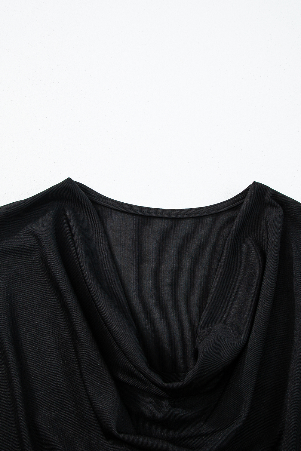 Chic Short Sleeve Tee: Black Cowl Neck with Bat Sleeve Design - Detail View 12 Chic Short Sleeve Tee: Black Cowl Neck with Bat Sleeve Design - Detail View 12