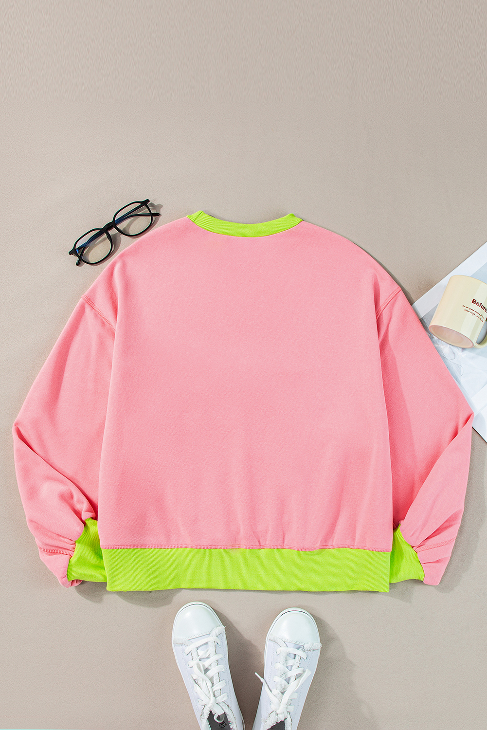 Pink Color Block Sweatshirt with Glitter Letter Graphic - Perfect for Game Day Casual Style - Detail View 8 Pink Color Block Sweatshirt with Glitter Letter Graphic - Perfect for Game Day Casual Style - Detail View 8