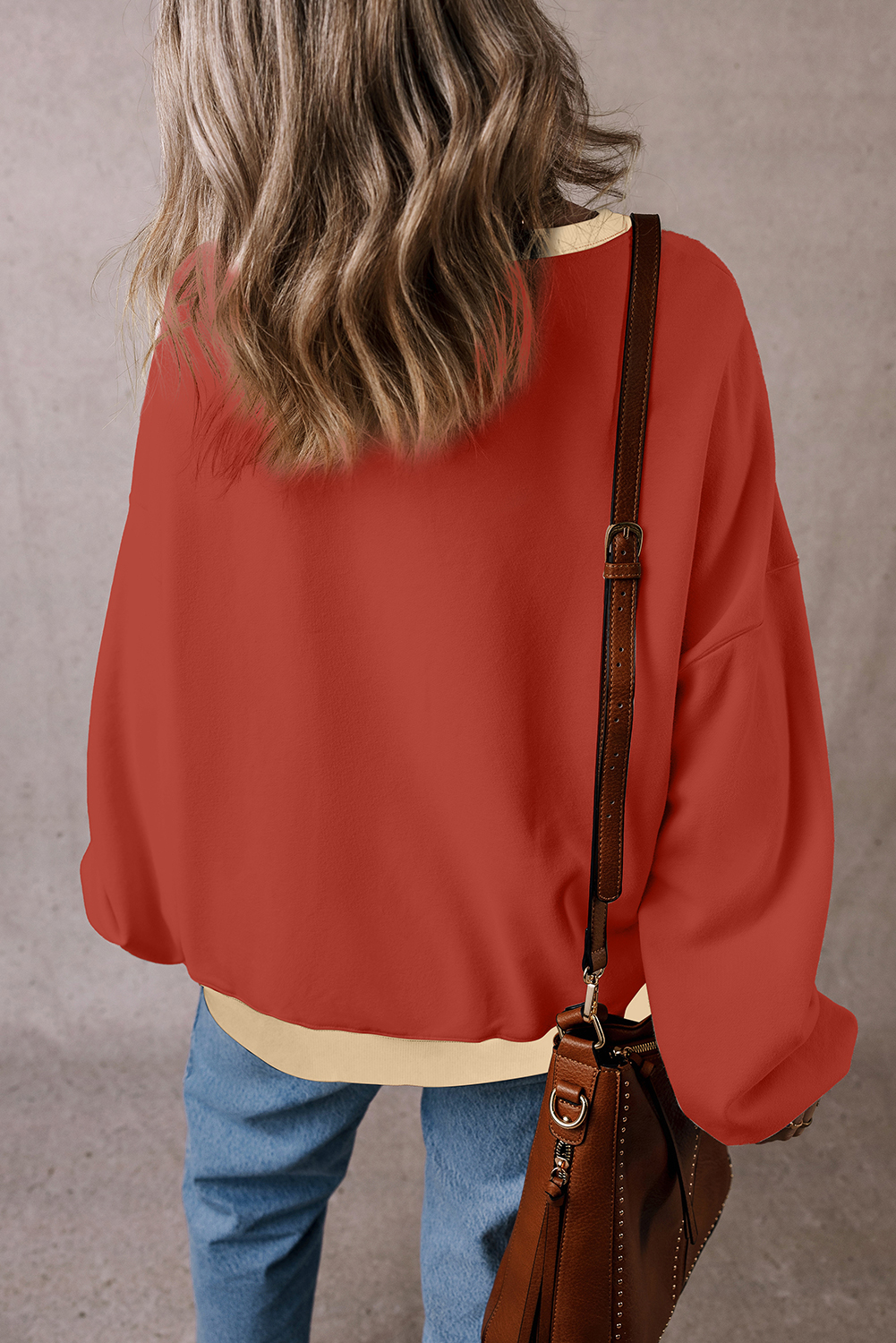 Trendy Oversized Long Sleeve Sweatshirt - Red Clay Color Block Patch Design - Detail View 2 Trendy Oversized Long Sleeve Sweatshirt - Red Clay Color Block Patch Design - Detail View 2