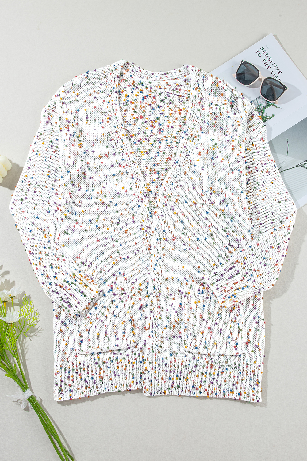 Women's Cardigan, White Multicolor, Dotted Rib Knit, Long Sleeve, Cozy, Trendy, Casual, Elegant, Open Front, Layering, Winter Wear, Daily Wear, Fashion, Chic, Tops, Sweaters & Cardigans - Detail View 10 Women's Cardigan, White Multicolor, Dotted Rib Knit, Long Sleeve, Cozy, Trendy, Casual, Elegant, Open Front, Layering, Winter Wear, Daily Wear, Fashion, Chic, Tops, Sweaters & Cardigans - Detail View 10