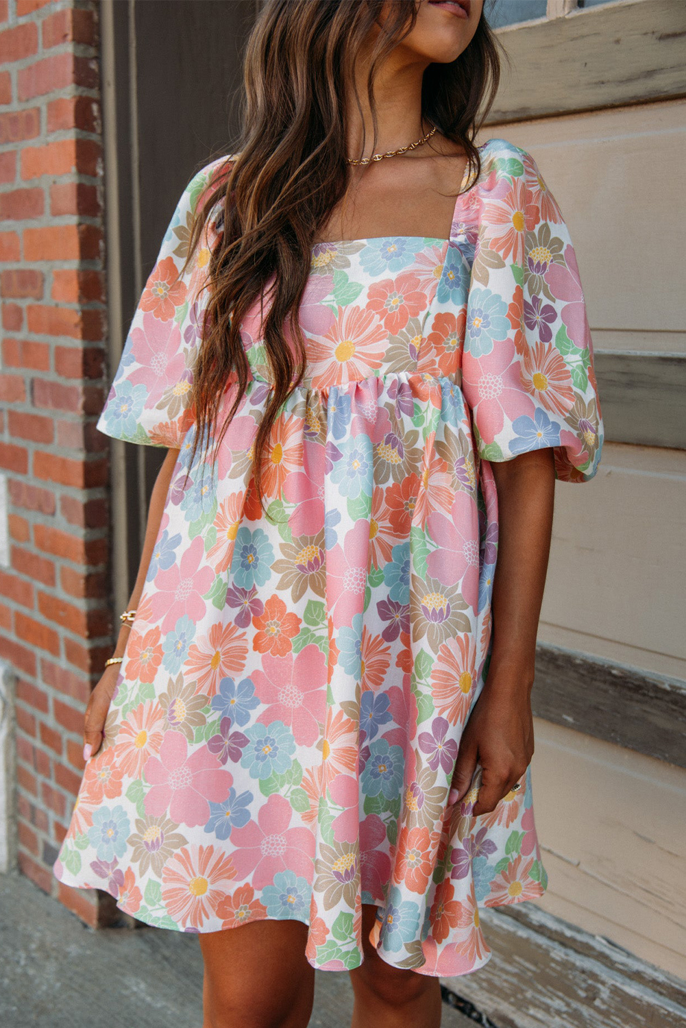 Casual Floral Babydoll Dress, Square Neck Short Sleeve Mini - Detail View 6 Casual Floral Babydoll Dress, Square Neck Short Sleeve Mini - Detail View 6