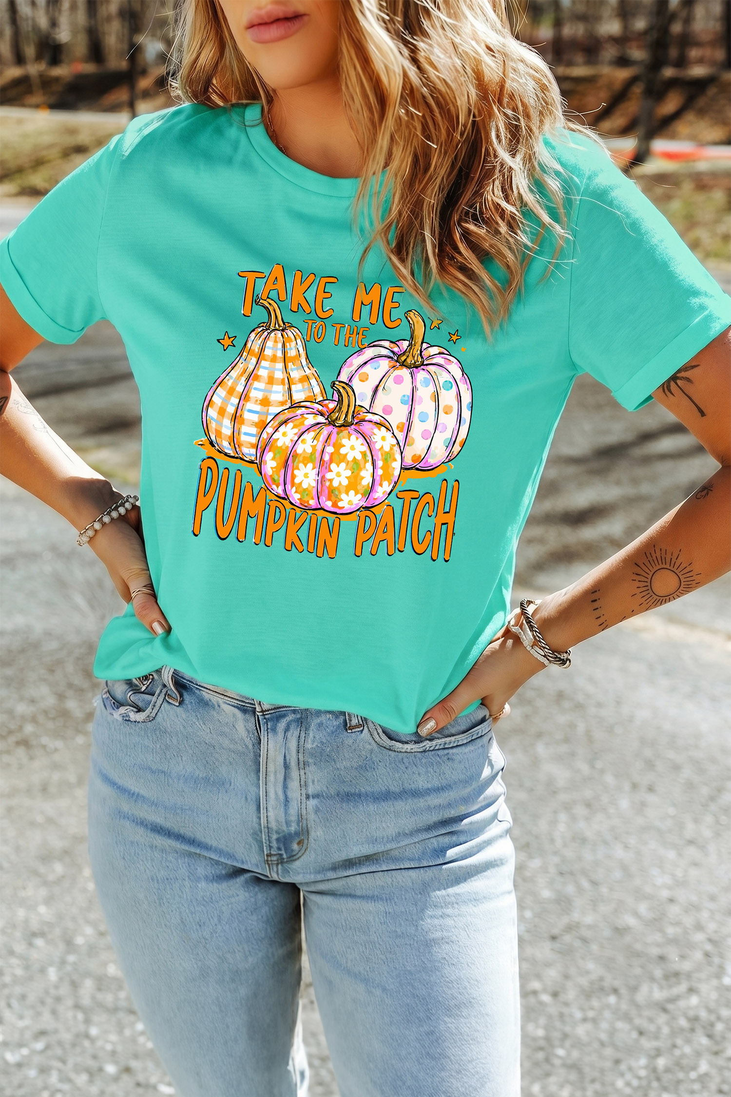 Mint Green Graphic T Shirt, Autumn Pumpkin Patch Print Top - Detail View 8 Mint Green Graphic T Shirt, Autumn Pumpkin Patch Print Top - Detail View 8