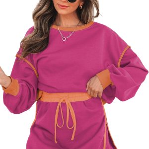 Women's Rose Red Pullover Skort Set, Casual Two Piece Outfit - Main View
