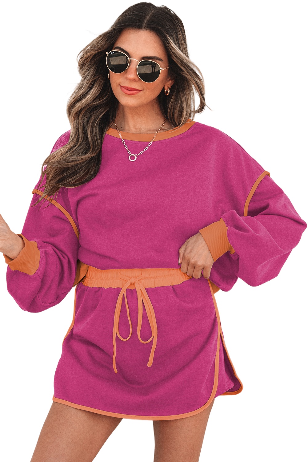 Women's Rose Red Pullover Skort Set, Casual Two Piece Outfit - Main View Women's Rose Red Pullover Skort Set, Casual Two Piece Outfit - Main View
