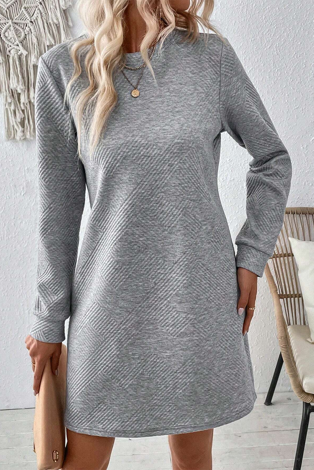 Stylish Round Neck Mini Dress: Textured Gray with Long Sleeves - Detail View 8 Stylish Round Neck Mini Dress: Textured Gray with Long Sleeves - Detail View 8