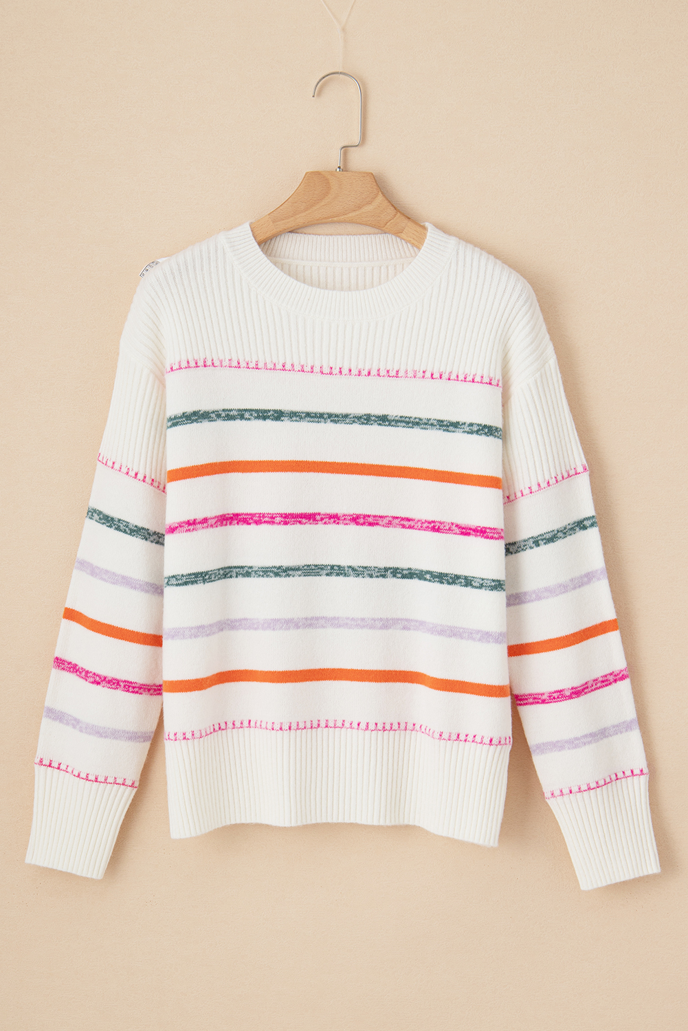 Women's Sweater, White, Colorful Striped, Ribbed Trim, Long Sleeve, Round Neck, Casual Style, Luxuriously Knitted, Winter Comfort, Playful, Chic, Versatile, Daily Wear, Sweaters & Cardigans - Detail View 15 Women's Sweater, White, Colorful Striped, Ribbed Trim, Long Sleeve, Round Neck, Casual Style, Luxuriously Knitted, Winter Comfort, Playful, Chic, Versatile, Daily Wear, Sweaters & Cardigans - Detail View 15