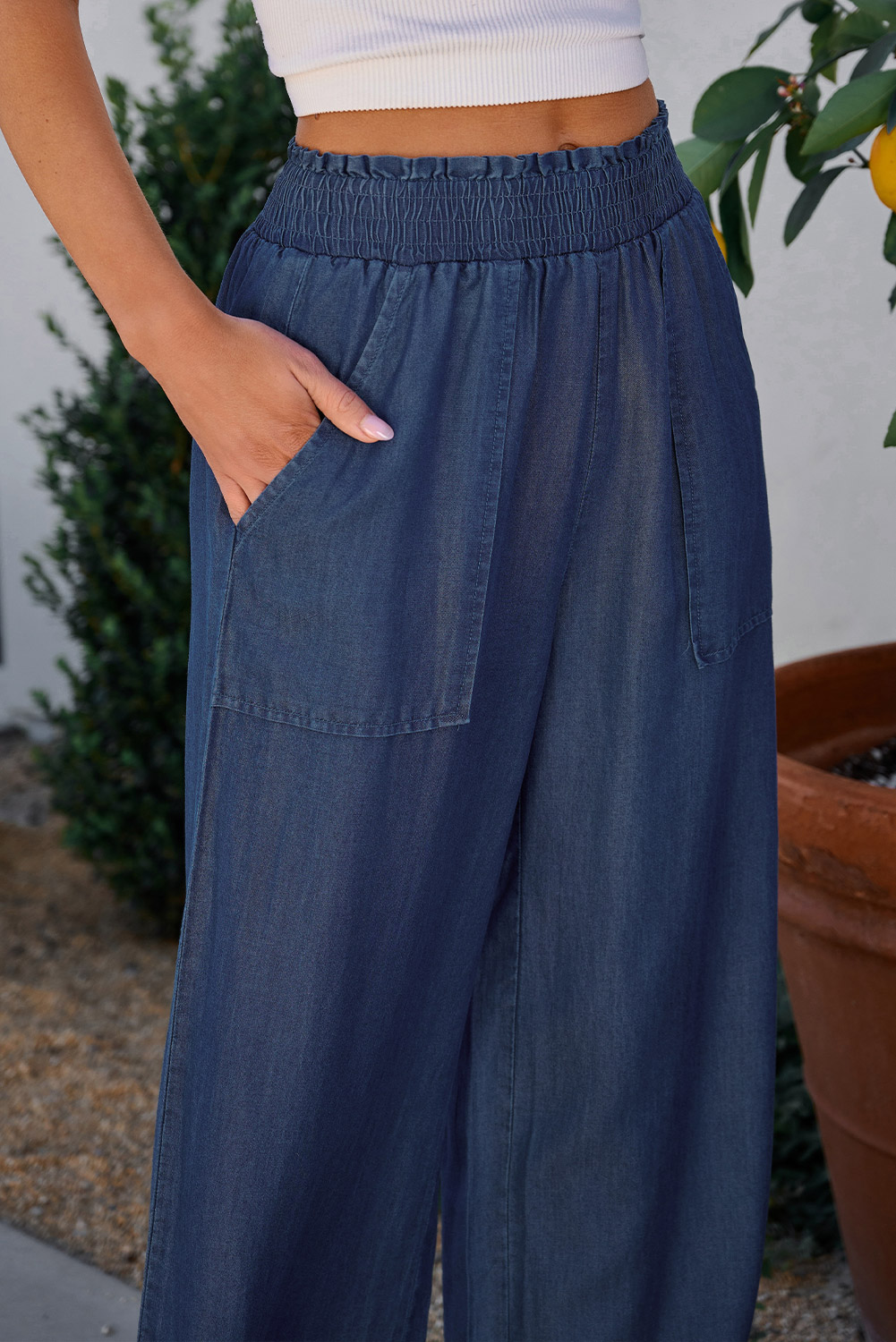 Women's Sail Blue Smocked High Waist Wide Leg Jeans with Side Pockets - Detail View 11 Women's Sail Blue Smocked High Waist Wide Leg Jeans with Side Pockets - Detail View 11