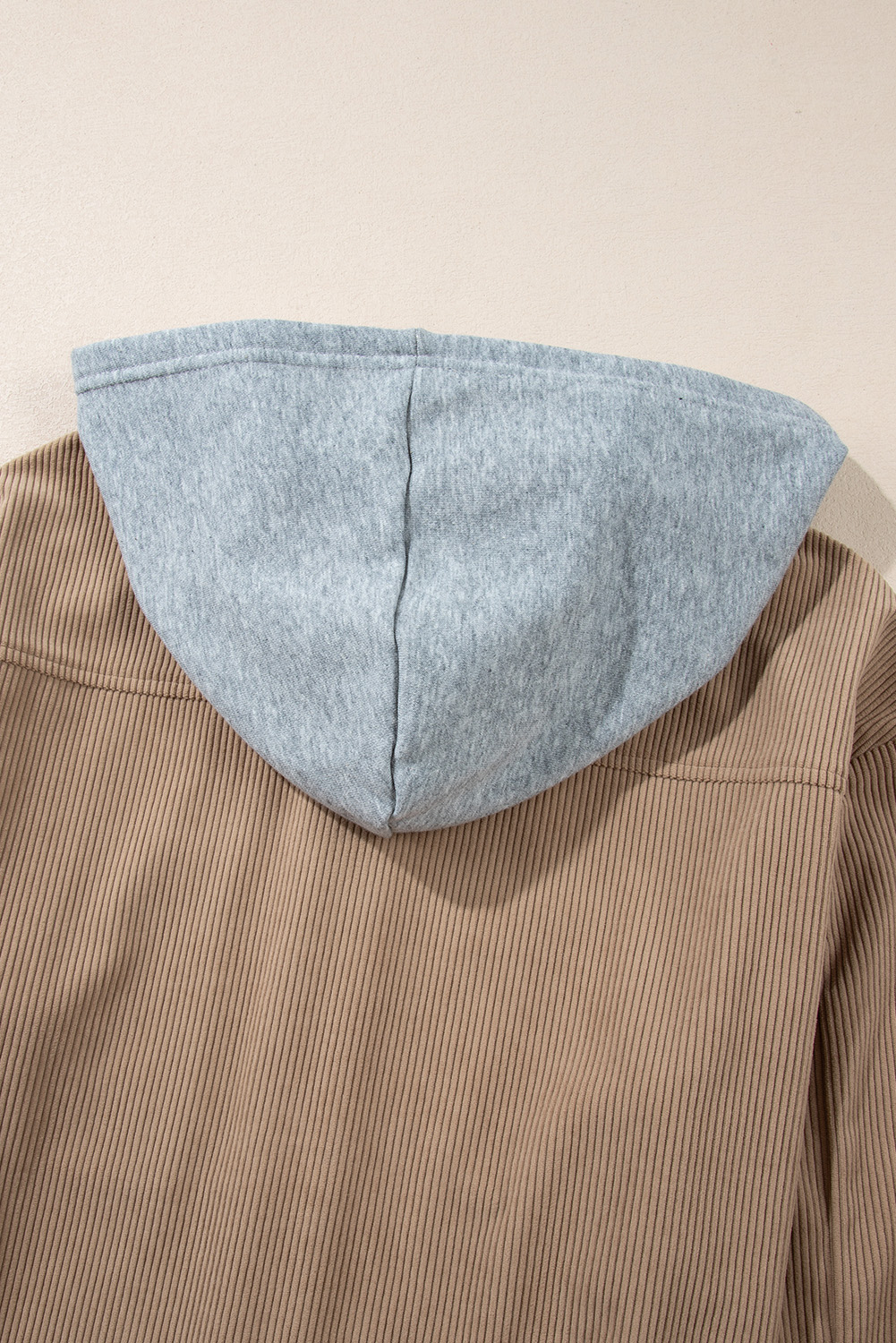 Women's Pale Khaki Corduroy Hooded Drawstring Shacket - Detail View 11 Women's Pale Khaki Corduroy Hooded Drawstring Shacket - Detail View 11