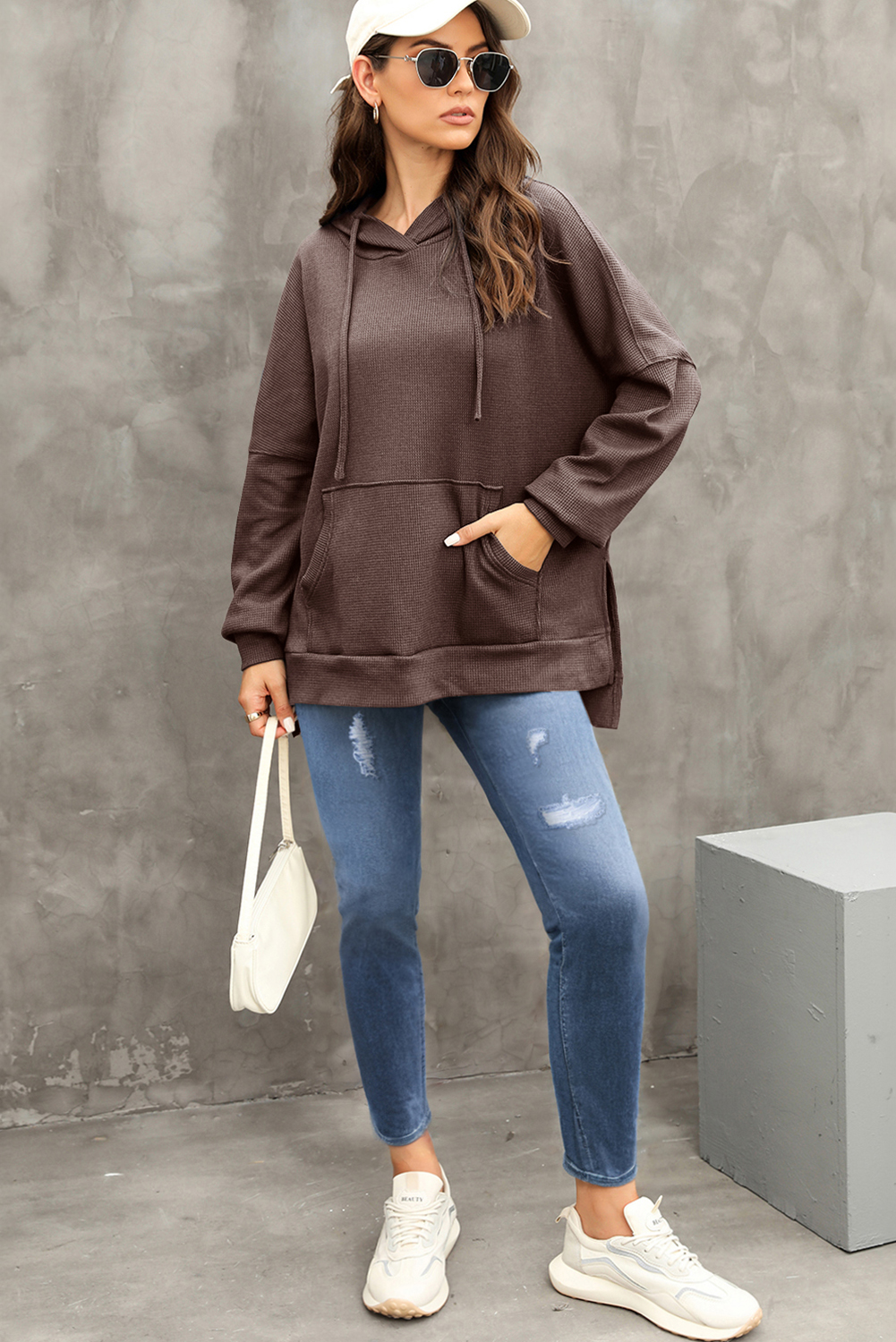 Women's Hoodie, Coffee, Waffle Knit, Fleece Lined, High Low, Oversized, Hooded, Long Sleeve, Casual Style, Solid Color, Fall & Autumn, Daily Wear, Comfortable, Versatile, Tops, Sweatshirts & Hoodies - Detail View 10 Women's Hoodie, Coffee, Waffle Knit, Fleece Lined, High Low, Oversized, Hooded, Long Sleeve, Casual Style, Solid Color, Fall & Autumn, Daily Wear, Comfortable, Versatile, Tops, Sweatshirts & Hoodies - Detail View 10