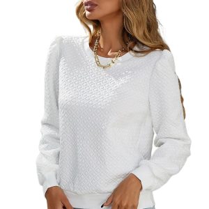 Women's White Textured Puff Long Sleeve Round Neck Top - Main View
