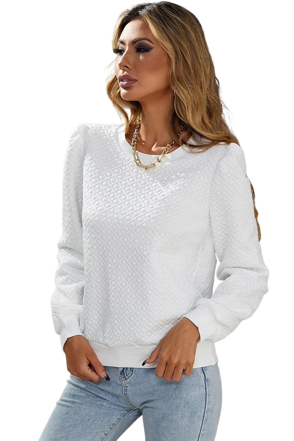 Women's White Textured Puff Long Sleeve Round Neck Top - Main View Women's White Textured Puff Long Sleeve Round Neck Top - Main View
