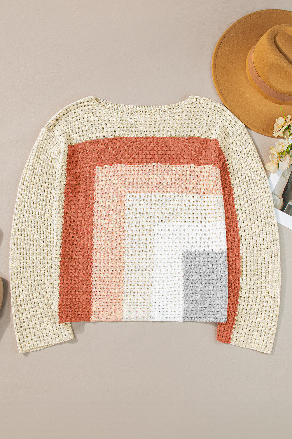 Women's Apricot Pointelle Knit Colorblock Baggy Sweater - Detail View 6 Women's Apricot Pointelle Knit Colorblock Baggy Sweater - Detail View 6