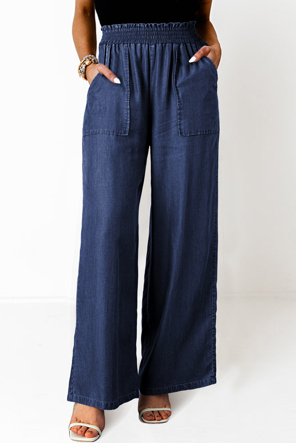 Women's Jeans, Sail Blue, High Waist, Wide Leg, Smocked, Ruffled, Denim, Casual Style, Trendy, Retro-Inspired, Breathable, Lightweight, Fashionable, Comfortable, Spring Season - Detail View 15 Women's Jeans, Sail Blue, High Waist, Wide Leg, Smocked, Ruffled, Denim, Casual Style, Trendy, Retro-Inspired, Breathable, Lightweight, Fashionable, Comfortable, Spring Season - Detail View 15