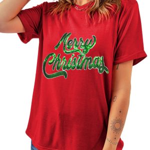 Women's Red Merry Christmas Graphic Crewneck T-Shirt - Festive Holiday Tee - Main View
