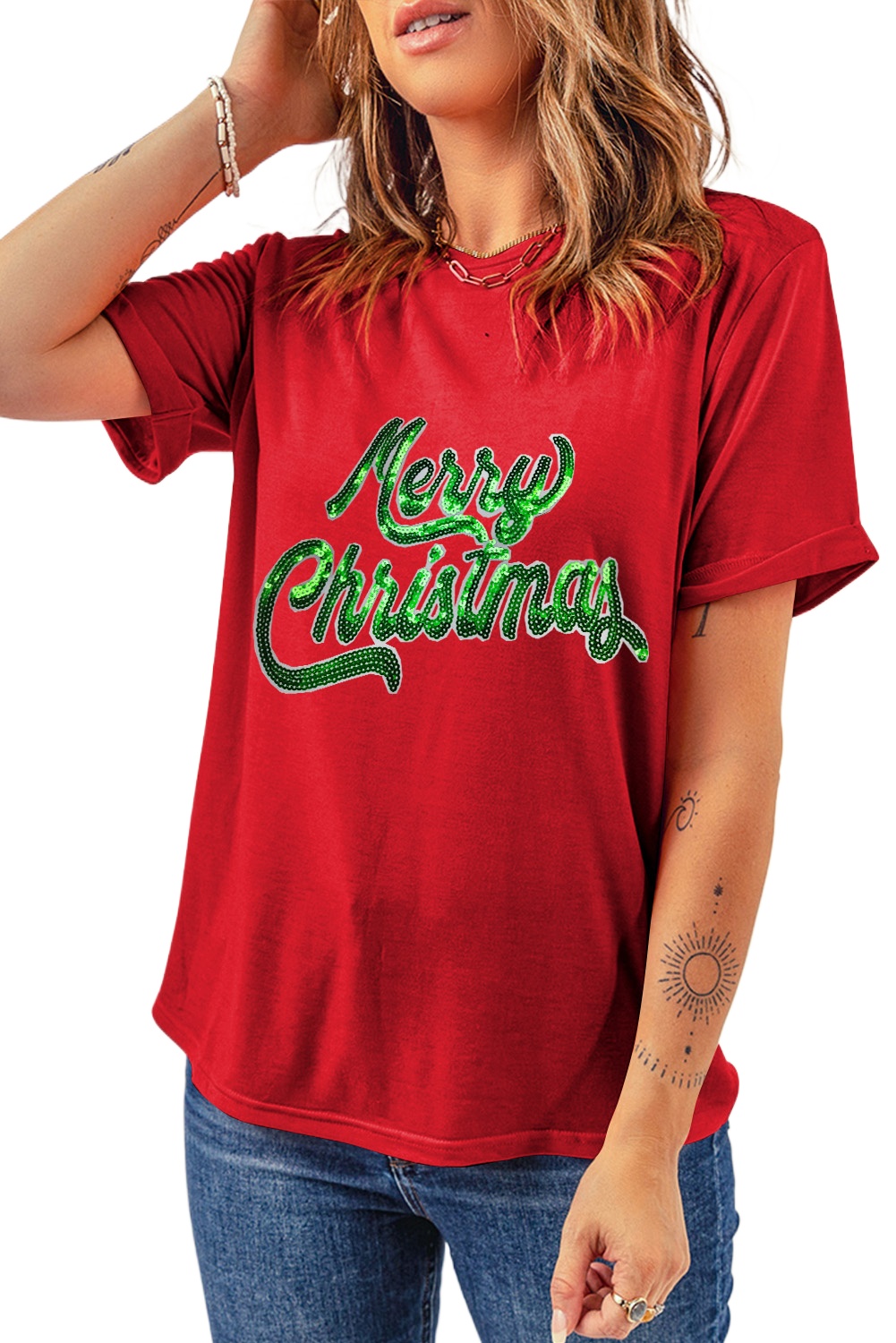 Women's Red Merry Christmas Graphic Crewneck T-Shirt - Festive Holiday Tee - Main View Women's Red Merry Christmas Graphic Crewneck T-Shirt - Festive Holiday Tee - Main View