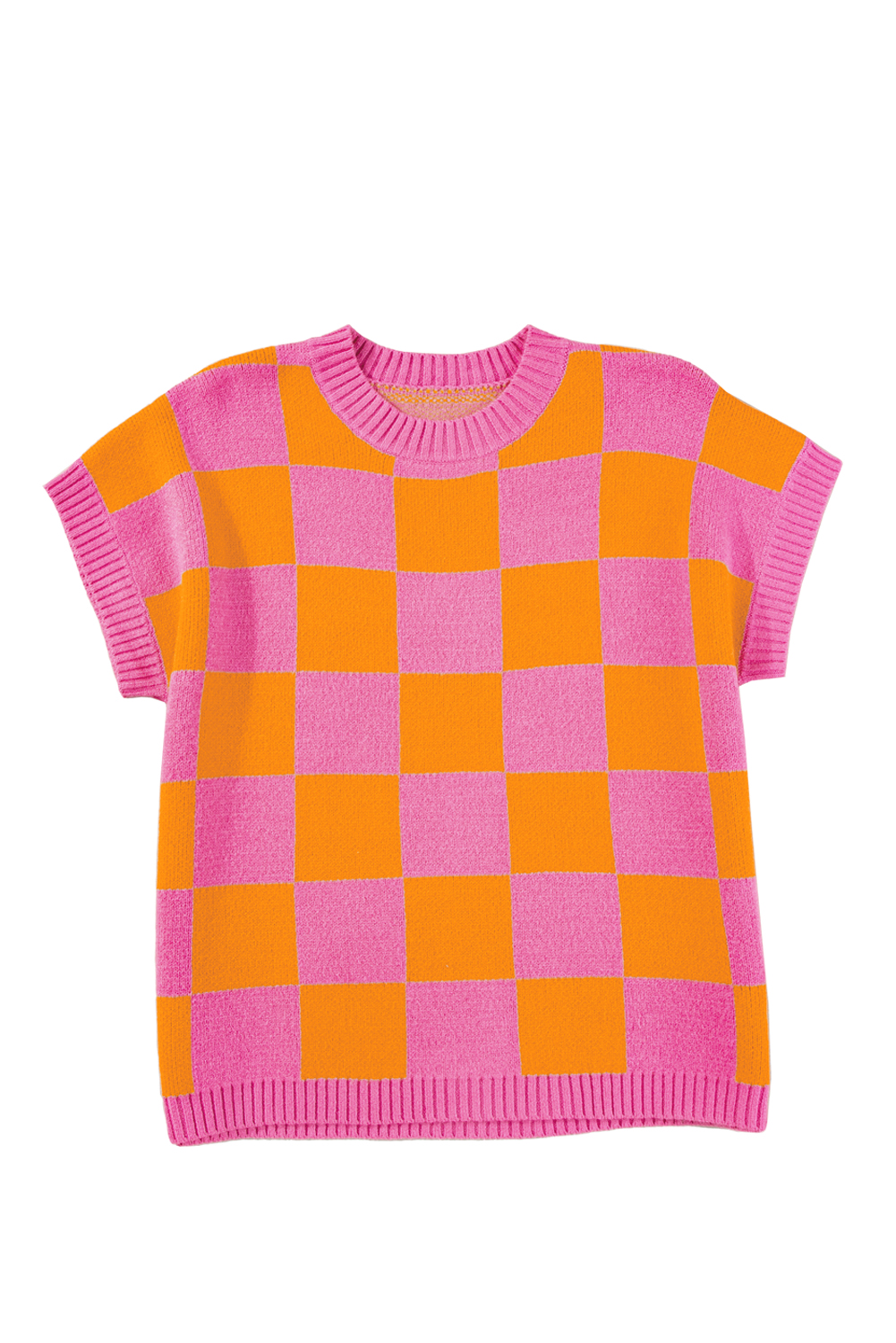 Sleeveless Summer Sweater with Colorblock and Plaid Pattern - Strawberry Pink - Detail View 2 Sleeveless Summer Sweater with Colorblock and Plaid Pattern - Strawberry Pink - Detail View 2