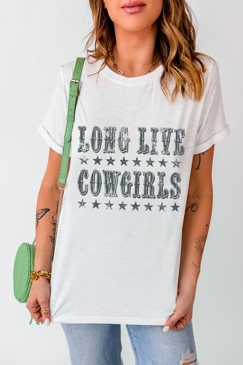 Women's Long Live Cowgirls Star Print Round Neck T-Shirt - Detail View 6 Women's Long Live Cowgirls Star Print Round Neck T-Shirt - Detail View 6