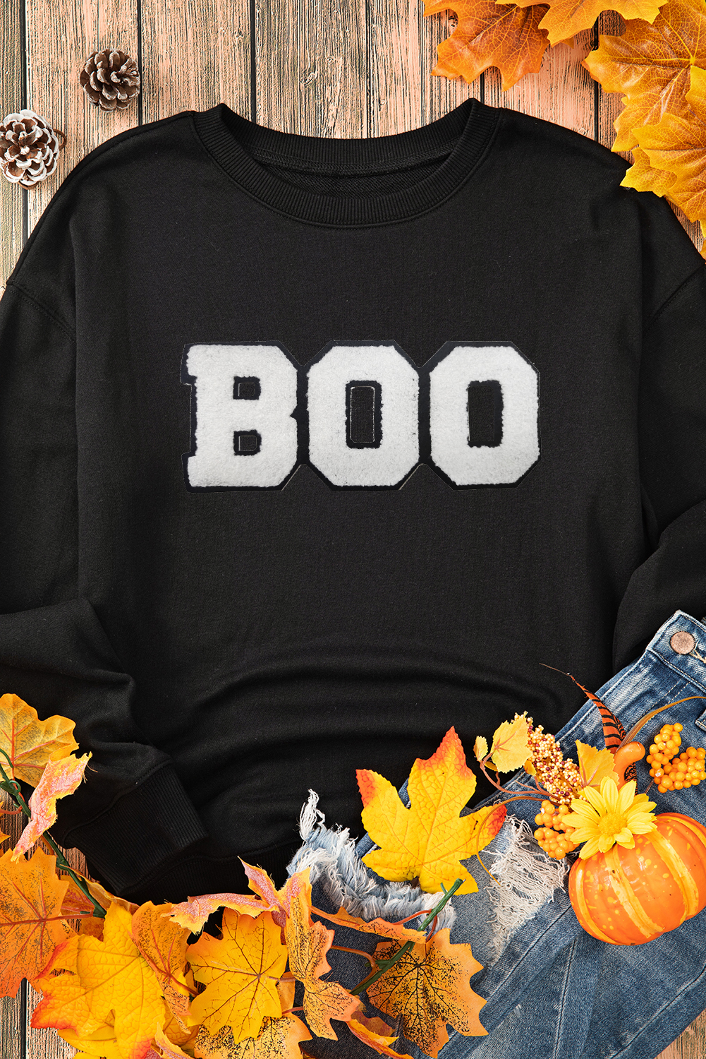 Cozy and Comfortable Crewneck Sweatshirt with Chenille BOO Patch - Black - Detail View 3 Cozy and Comfortable Crewneck Sweatshirt with Chenille BOO Patch - Black - Detail View 3