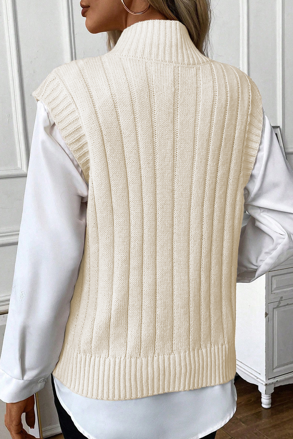 Oatmeal Sleeveless Sweater Vest, Casual High Neck Knit Top - Detail View 2 Oatmeal Sleeveless Sweater Vest, Casual High Neck Knit Top - Detail View 2