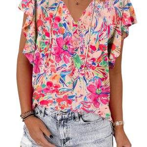 Women's Floral V Neck Blouse, Ruffled Sleeve Summer Top - Main View