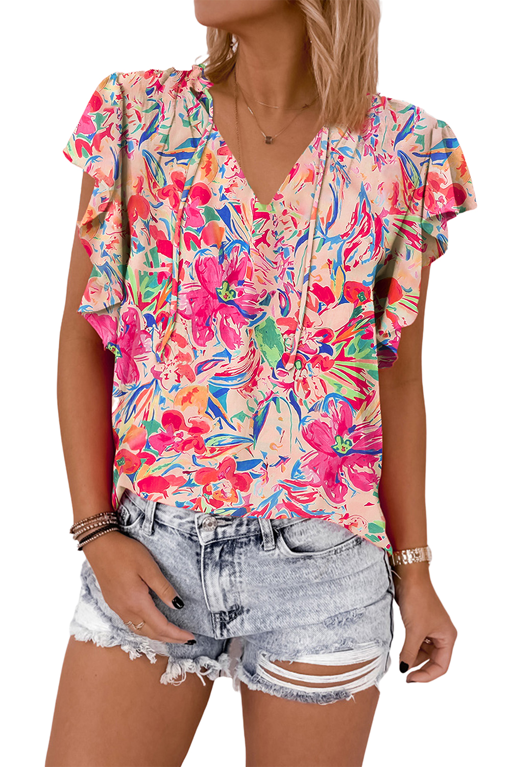Women's Floral V Neck Blouse, Ruffled Sleeve Summer Top - Main View Women's Floral V Neck Blouse, Ruffled Sleeve Summer Top - Main View