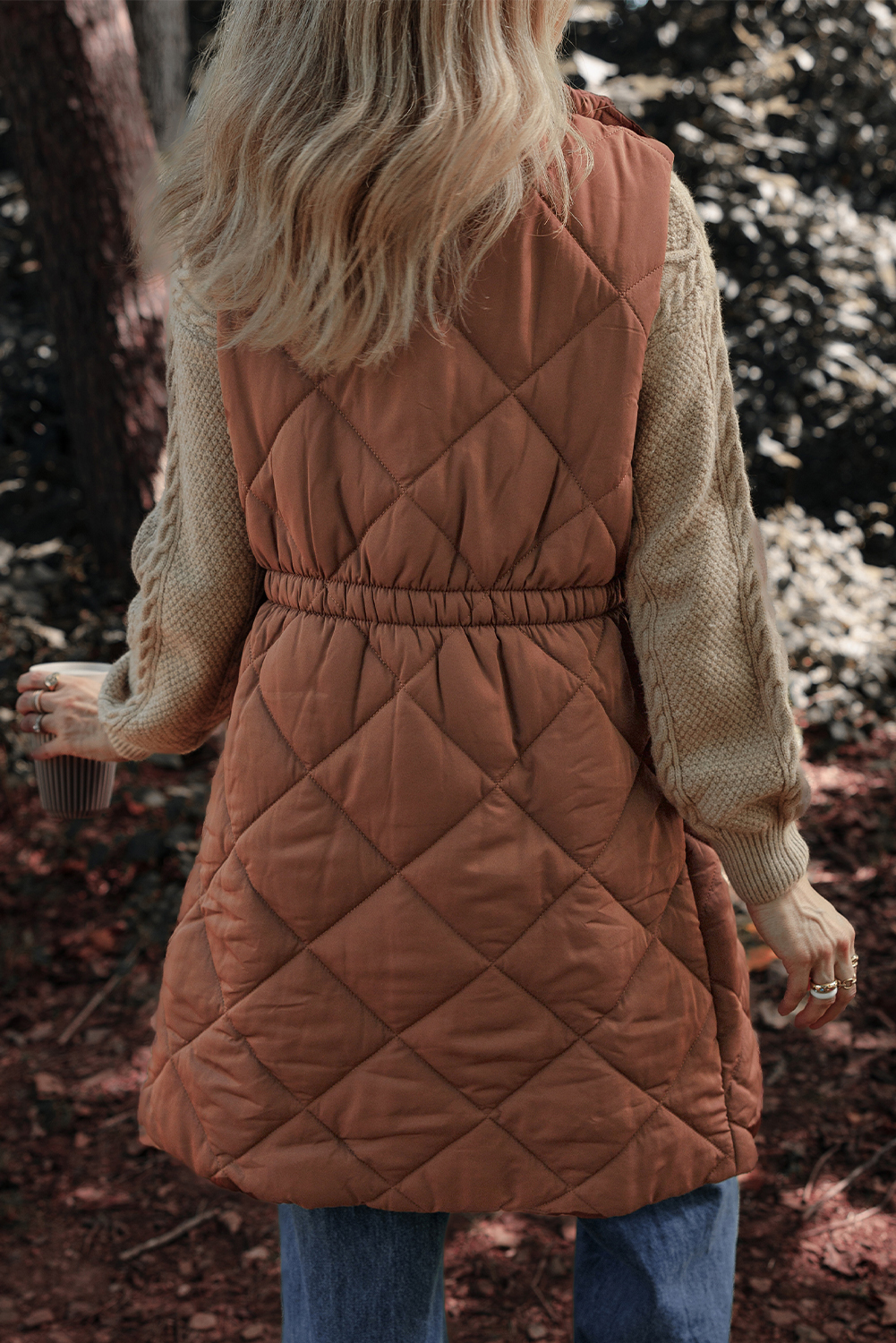 Warm and Stylish Puffer Vest with Quilted Design and Stand Collar - Coffee - Detail View 2 Warm and Stylish Puffer Vest with Quilted Design and Stand Collar - Coffee - Detail View 2