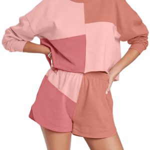 Peach Blossom Colorblock Patchwork Long Sleeve Short Set for Women - Main View