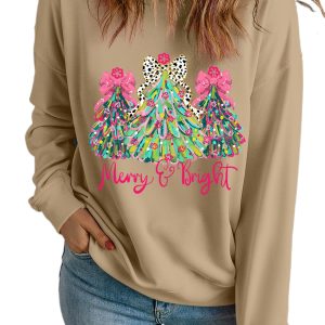 Women's Khaki Merry & Bright Christmas Tree Print Pullover Sweatshirt - Main View