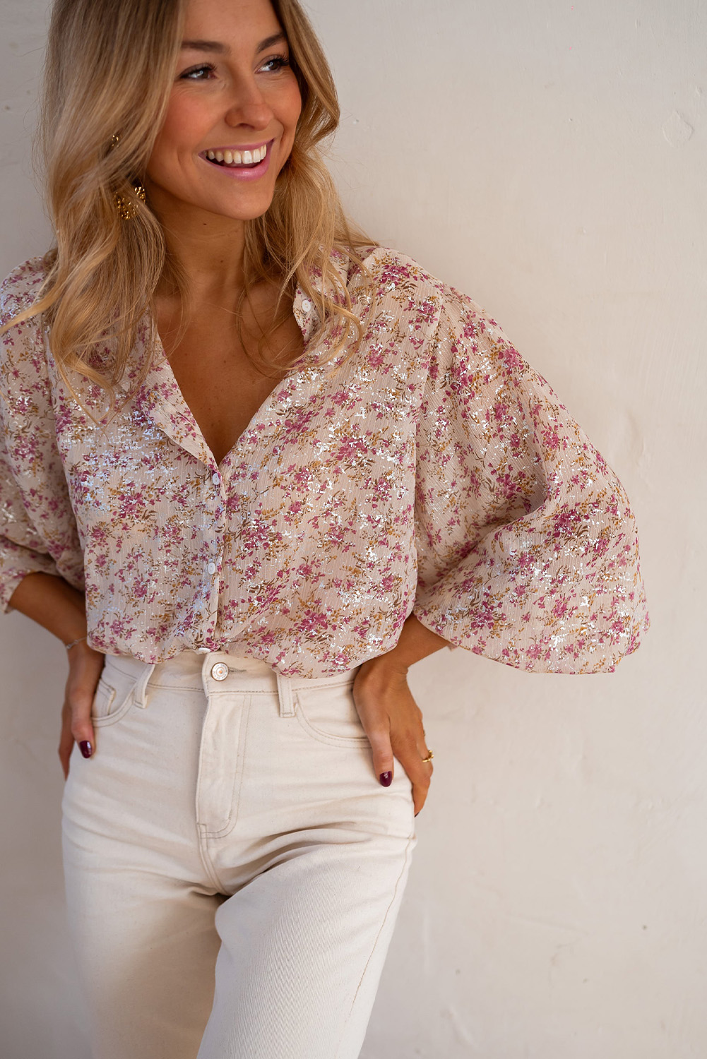 Women's Pink Floral Print Bishop Sleeve Collared V-Neck Shirt - Detail View 11 Women's Pink Floral Print Bishop Sleeve Collared V-Neck Shirt - Detail View 11