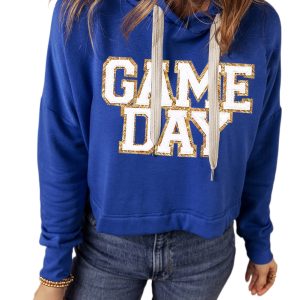 Women's Dark Blue Glittering 'GAME DAY' Patched Cropped Drawstring Hoodie - Main View