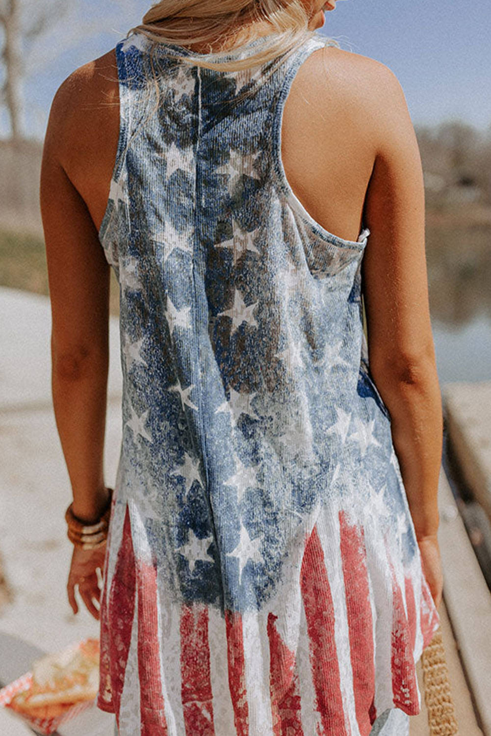 Women's Flag Print Tank Top, Vintage Washed Sleeveless Shirt - Detail View 4 Women's Flag Print Tank Top, Vintage Washed Sleeveless Shirt - Detail View 4