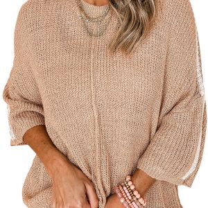 Women's Light French Beige Contrast Striped 3/4 Sleeve Crew Neck Sweater - Main View