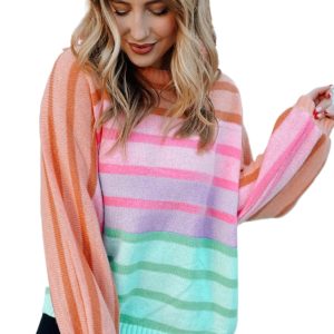 Women's Multicolour Gradient Striped Ribbed Edge Loose Sweater - Main View