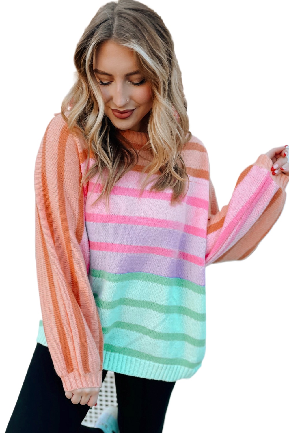 Women's Multicolour Gradient Striped Ribbed Edge Loose Sweater - Main View Women's Multicolour Gradient Striped Ribbed Edge Loose Sweater - Main View