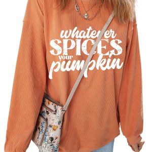 Women's Orange 'Whatever Spices Your Pumpkin' Graphic Corded Pullover Sweatshirt - Main View