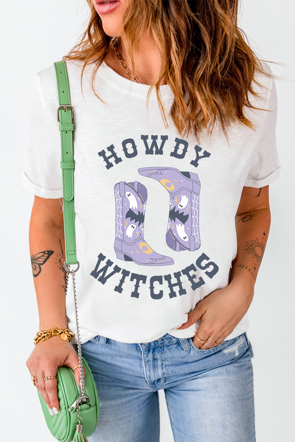 HOWDY WITCHES Halloween Boots Crewneck T-Shirt for Women - Detail View 11 HOWDY WITCHES Halloween Boots Crewneck T-Shirt for Women - Detail View 11