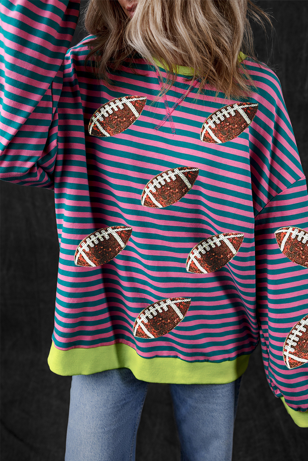 Women's Green Stripe Sequin Rugby Football Graphic Colorblock Edge Sweatshirt - Detail View 6 Women's Green Stripe Sequin Rugby Football Graphic Colorblock Edge Sweatshirt - Detail View 6