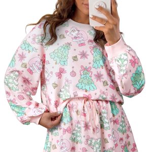 Women's Pink Christmas Skirt Set, Casual Long Sleeve Lounge - Main View