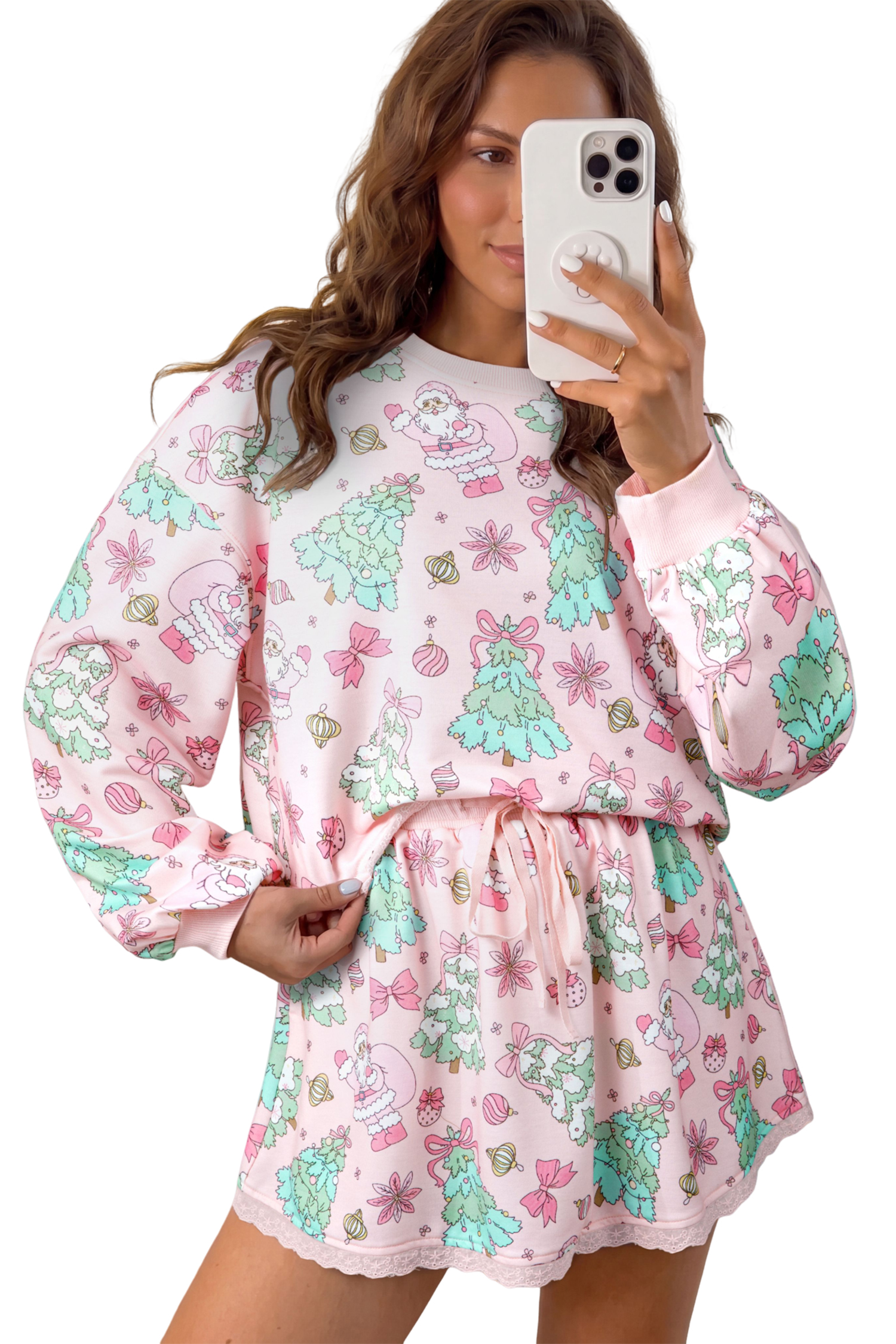 Women's Pink Christmas Skirt Set, Casual Long Sleeve Lounge - Main View Women's Pink Christmas Skirt Set, Casual Long Sleeve Lounge - Main View