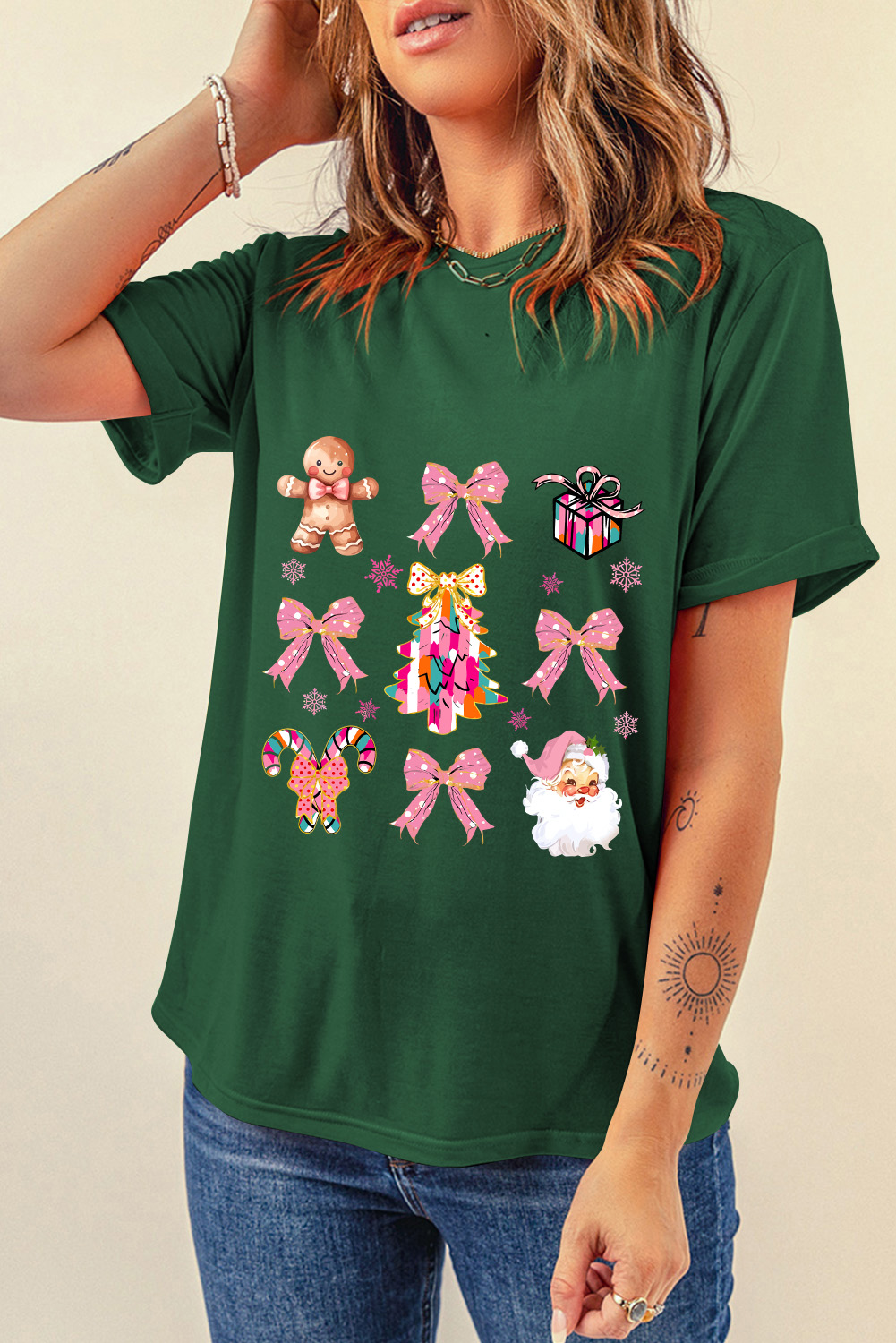 Women's Graphic Tee, Green Christmas Shirt, Holiday Apparel, Santa Claus, Gingerbread Man, Gift Box, Christmas Tree, Casual Wear, Soft Fabric, Daily Fashion, Round Neck, Short Sleeve, Festive Style - Detail View 4 Women's Graphic Tee, Green Christmas Shirt, Holiday Apparel, Santa Claus, Gingerbread Man, Gift Box, Christmas Tree, Casual Wear, Soft Fabric, Daily Fashion, Round Neck, Short Sleeve, Festive Style - Detail View 4