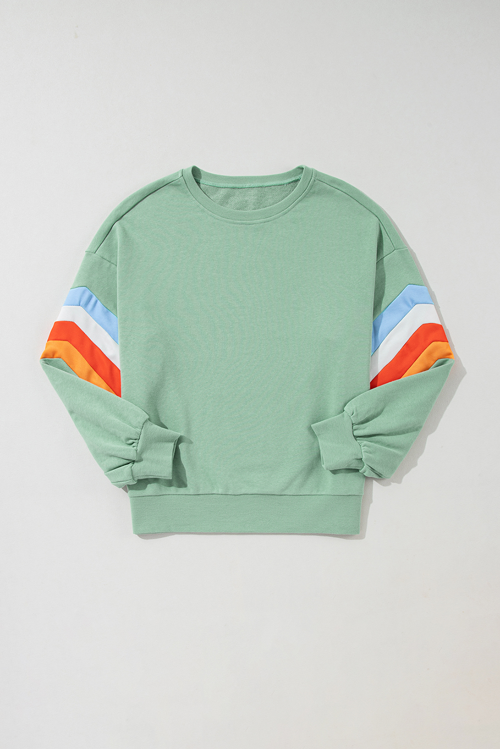Women's Moonlight Jade Rainbow Striped Sleeve Crew Neck Loose Fit Sweatshirt - Detail View 6 Women's Moonlight Jade Rainbow Striped Sleeve Crew Neck Loose Fit Sweatshirt - Detail View 6