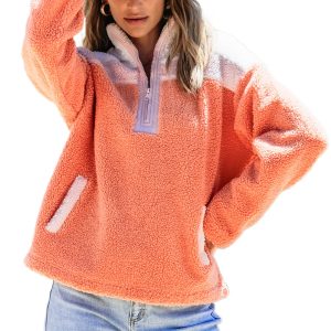 Orange Colorblock Half Zipper Stand Neck Sherpa Sweatshirt for Women - Main View